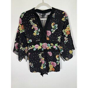 Vintage 90s Carole Little black floral kimono style shirt szS beaded bohemian